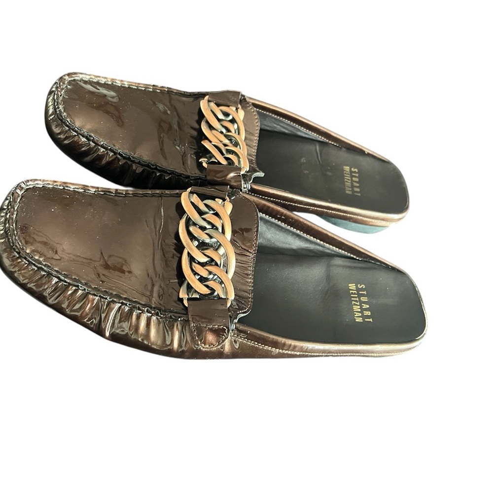 Stuart Weitzman Brown Flats with Gold Chain Accent